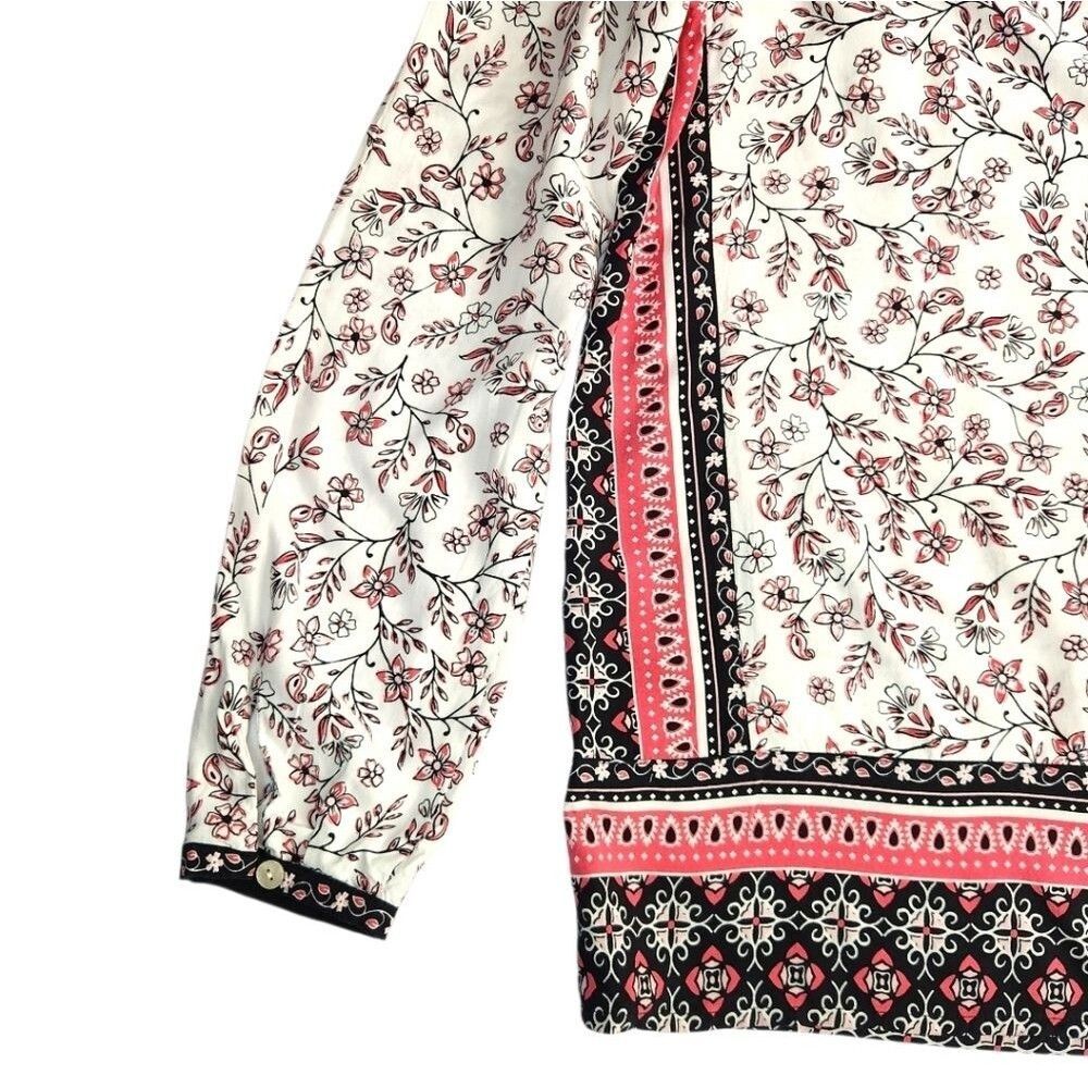 J. Jill Women Tunic Blouse Top Neck Floral White Pink Long Sleeve Size M - Picture 10 of 13